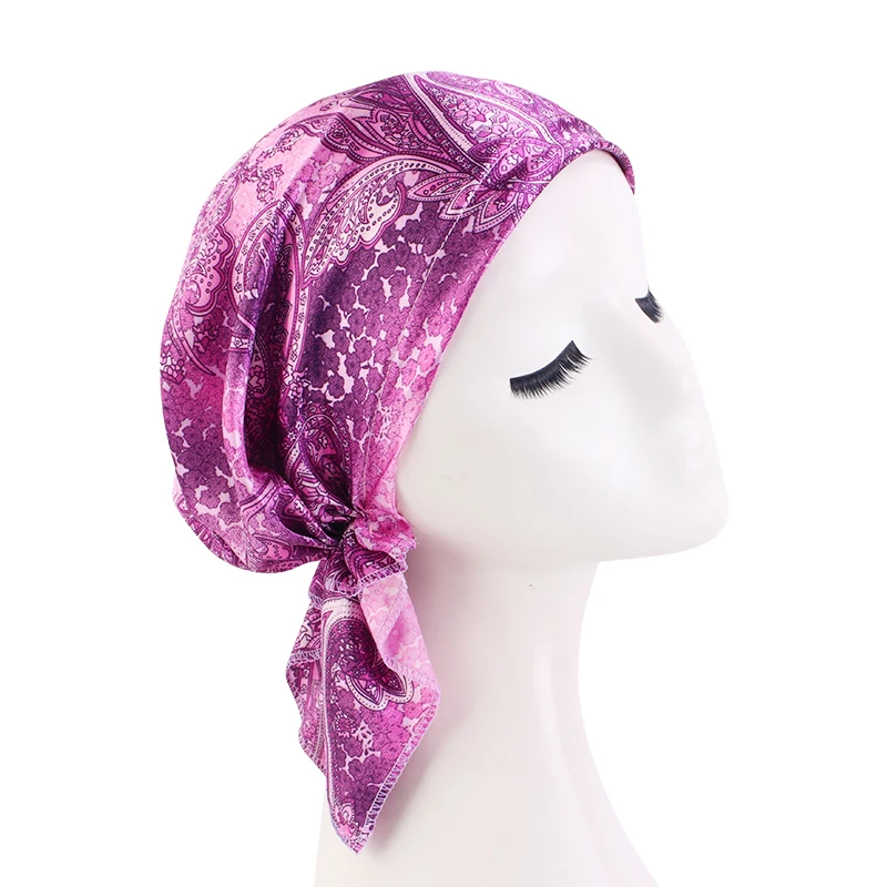 Satin Turban for Women Pre-tied Newly Fashion Printed Flowers Headband Cap Muslim Head Scarf Soft to Wear Ladies Hair Loss Cover