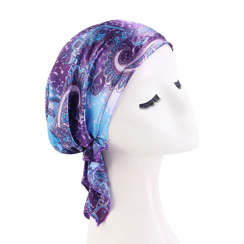 Satin Turban for Women Pre-tied Newly Fashion Printed Flowers Headband Cap Muslim Head Scarf Soft to Wear Ladies Hair Loss Cover