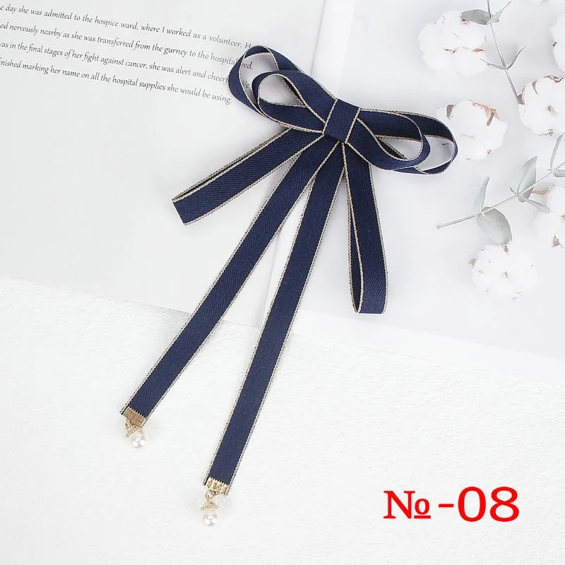 Pearl Ribbon Brooch Pin Women Bow Tie Vintage School Girl White Collar Jewelry Bowknot Shirts Necktie Candy Color Red Butterfly