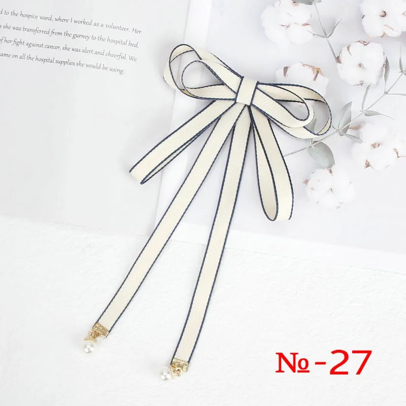 Pearl Ribbon Brooch Pin Women Bow Tie Vintage School Girl White Collar Jewelry Bowknot Shirts Necktie Candy Color Red Butterfly