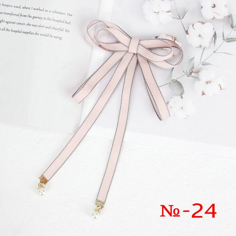 Pearl Ribbon Brooch Pin Women Bow Tie Vintage School Girl White Collar Jewelry Bowknot Shirts Necktie Candy Color Red Butterfly