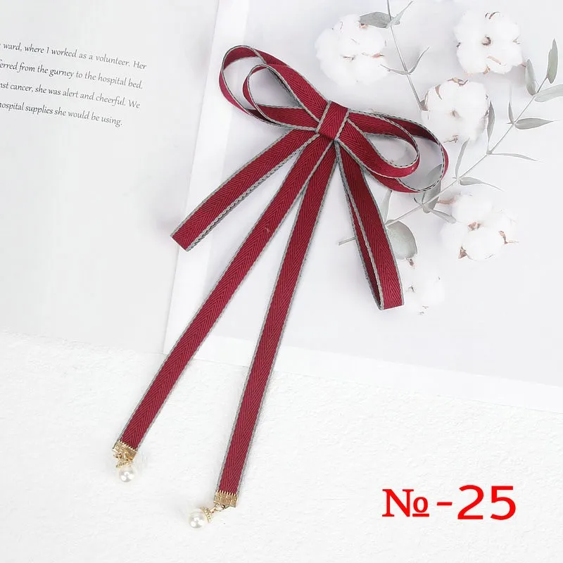 Pearl Ribbon Brooch Pin Women Bow Tie Vintage School Girl White Collar Jewelry Bowknot Shirts Necktie Candy Color Red Butterfly