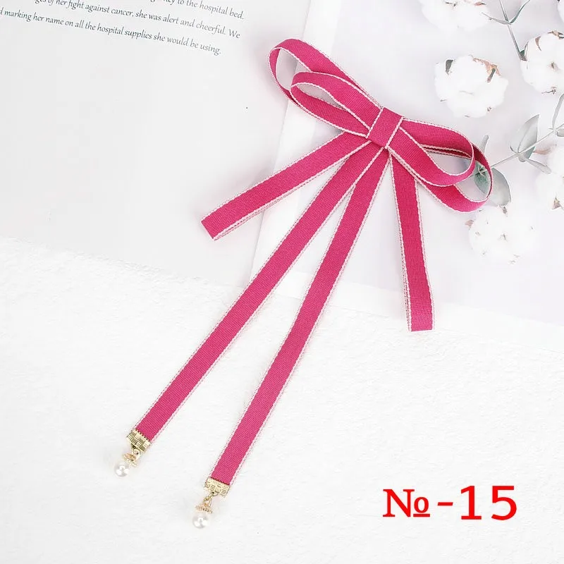 Pearl Ribbon Brooch Pin Women Bow Tie Vintage School Girl White Collar Jewelry Bowknot Shirts Necktie Candy Color Red Butterfly