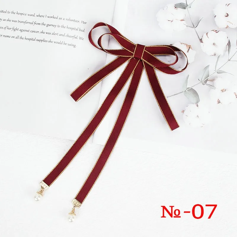 Pearl Ribbon Brooch Pin Women Bow Tie Vintage School Girl White Collar Jewelry Bowknot Shirts Necktie Candy Color Red Butterfly