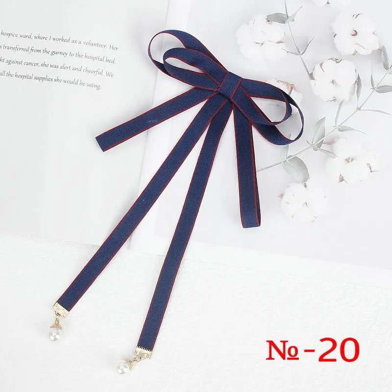 Pearl Ribbon Brooch Pin Women Bow Tie Vintage School Girl White Collar Jewelry Bowknot Shirts Necktie Candy Color Red Butterfly