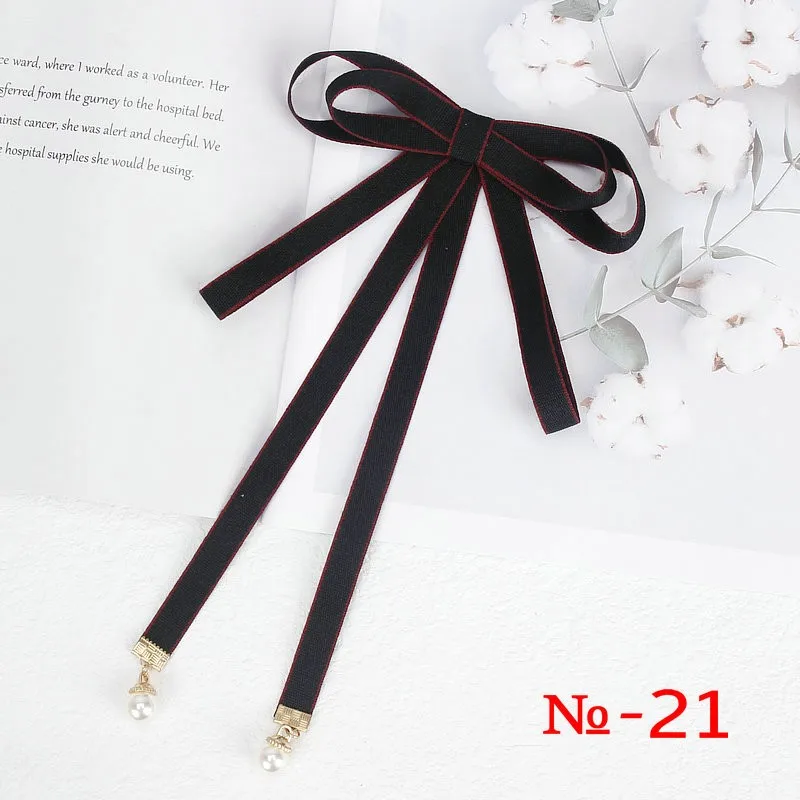 Pearl Ribbon Brooch Pin Women Bow Tie Vintage School Girl White Collar Jewelry Bowknot Shirts Necktie Candy Color Red Butterfly