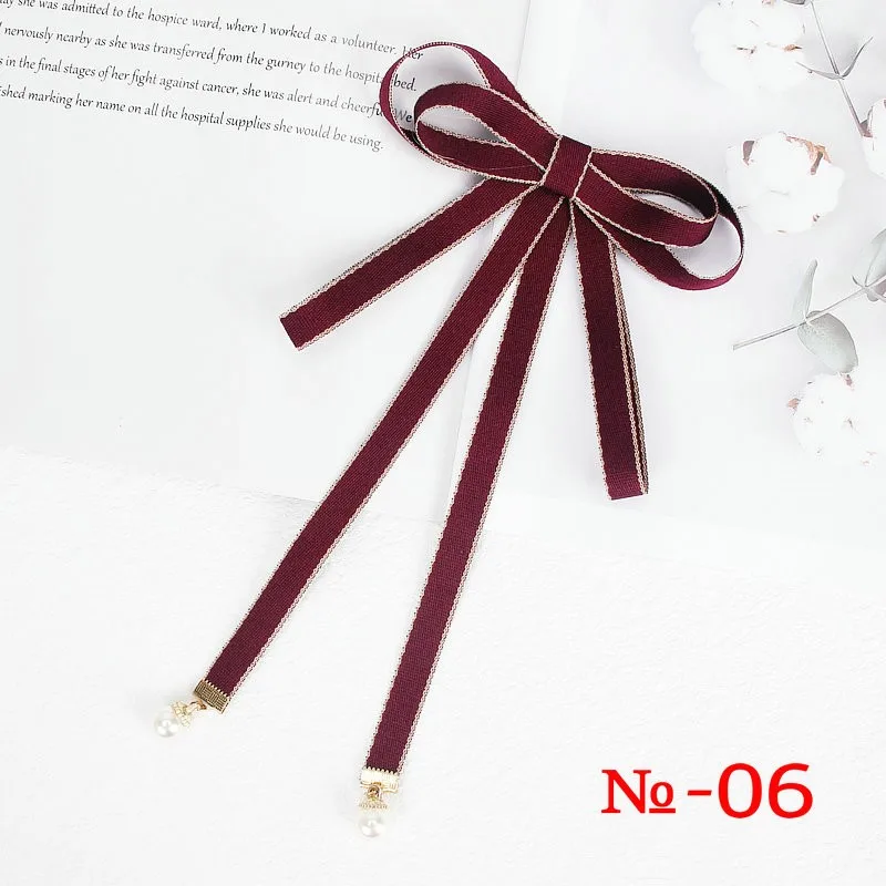 Pearl Ribbon Brooch Pin Women Bow Tie Vintage School Girl White Collar Jewelry Bowknot Shirts Necktie Candy Color Red Butterfly