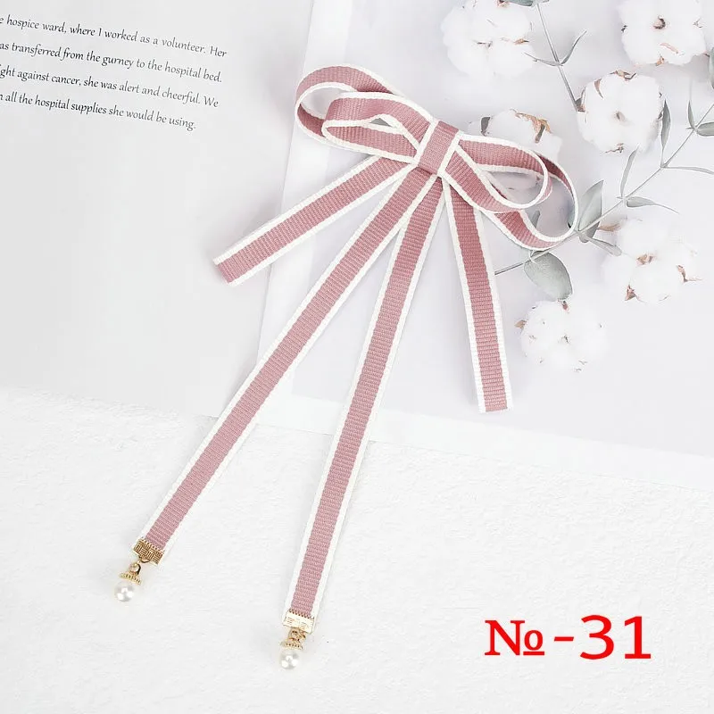 Pearl Ribbon Brooch Pin Women Bow Tie Vintage School Girl White Collar Jewelry Bowknot Shirts Necktie Candy Color Red Butterfly