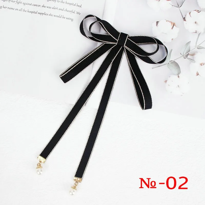 Pearl Ribbon Brooch Pin Women Bow Tie Vintage School Girl White Collar Jewelry Bowknot Shirts Necktie Candy Color Red Butterfly