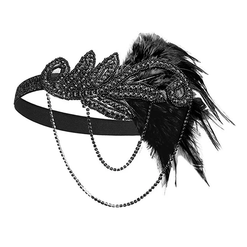 1920s Headpiece Hair Accessories For Women Vintage Black Feather Flapper Headband Great Gatsby Party Jewelry Forehead Decoration