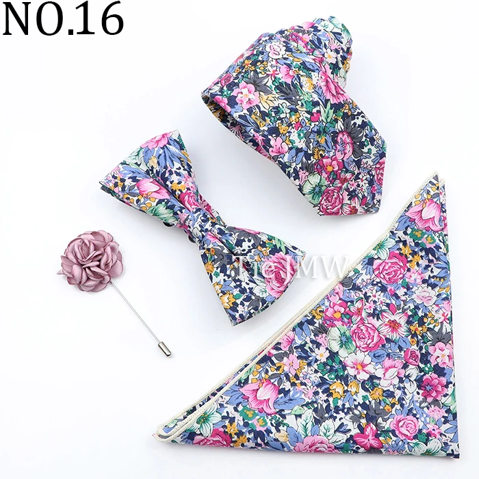 New Colorful Cotton Floral Men Tie Brooch Set Pink White Yellow Necktie Bowtie Suit Vintage For Groom Business Wedding Party