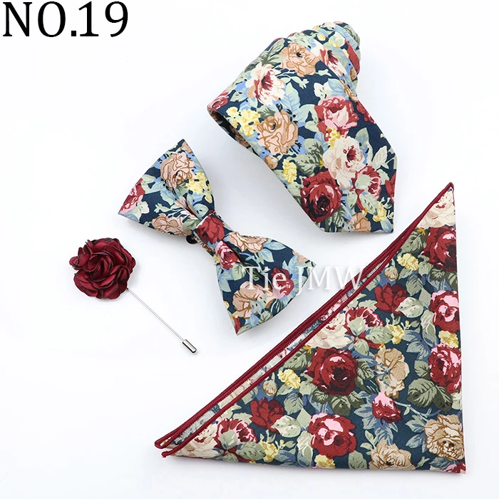 New Colorful Cotton Floral Men Tie Brooch Set Pink White Yellow Necktie Bowtie Suit Vintage For Groom Business Wedding Party