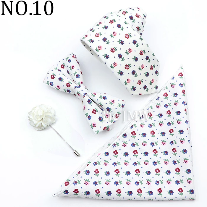 New Colorful Cotton Floral Men Tie Brooch Set Pink White Yellow Necktie Bowtie Suit Vintage For Groom Business Wedding Party