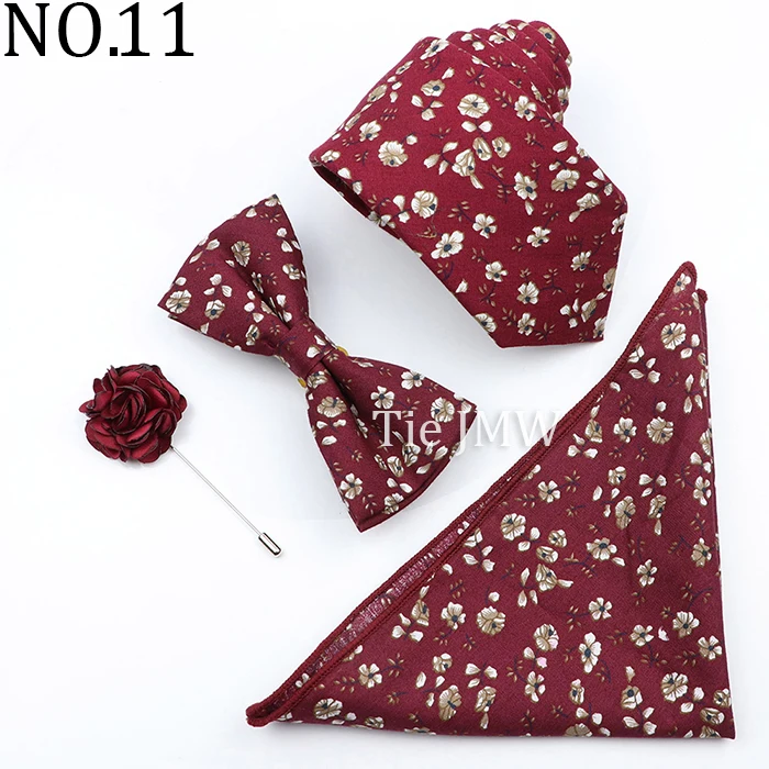 New Colorful Cotton Floral Men Tie Brooch Set Pink White Yellow Necktie Bowtie Suit Vintage For Groom Business Wedding Party