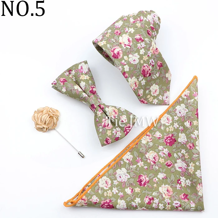 New Colorful Cotton Floral Men Tie Brooch Set Pink White Yellow Necktie Bowtie Suit Vintage For Groom Business Wedding Party