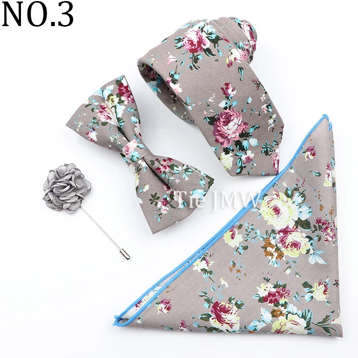 New Colorful Cotton Floral Men Tie Brooch Set Pink White Yellow Necktie Bowtie Suit Vintage For Groom Business Wedding Party
