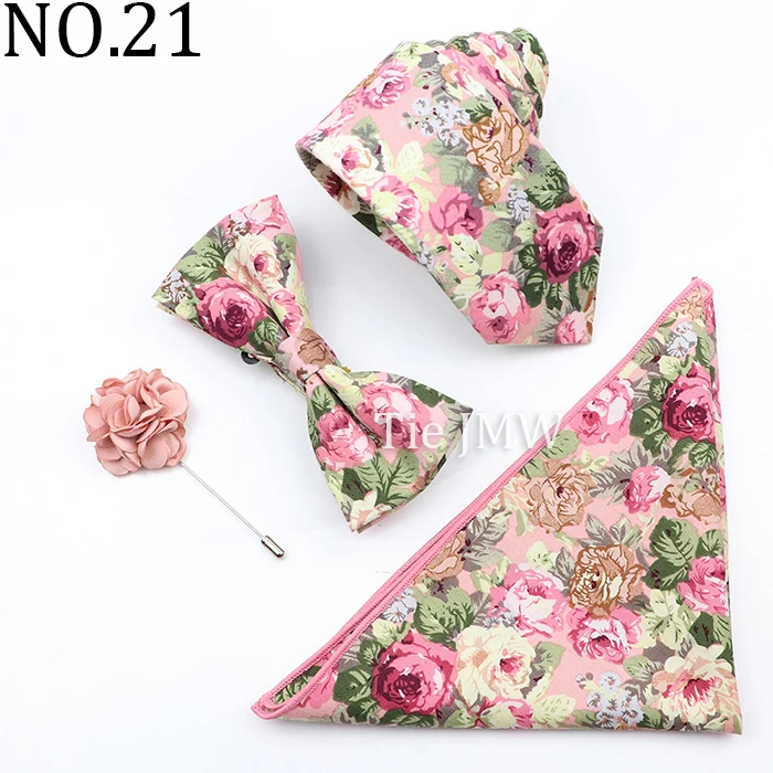New Colorful Cotton Floral Men Tie Brooch Set Pink White Yellow Necktie Bowtie Suit Vintage For Groom Business Wedding Party