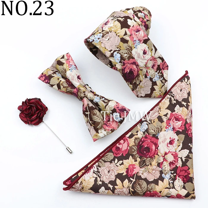 New Colorful Cotton Floral Men Tie Brooch Set Pink White Yellow Necktie Bowtie Suit Vintage For Groom Business Wedding Party