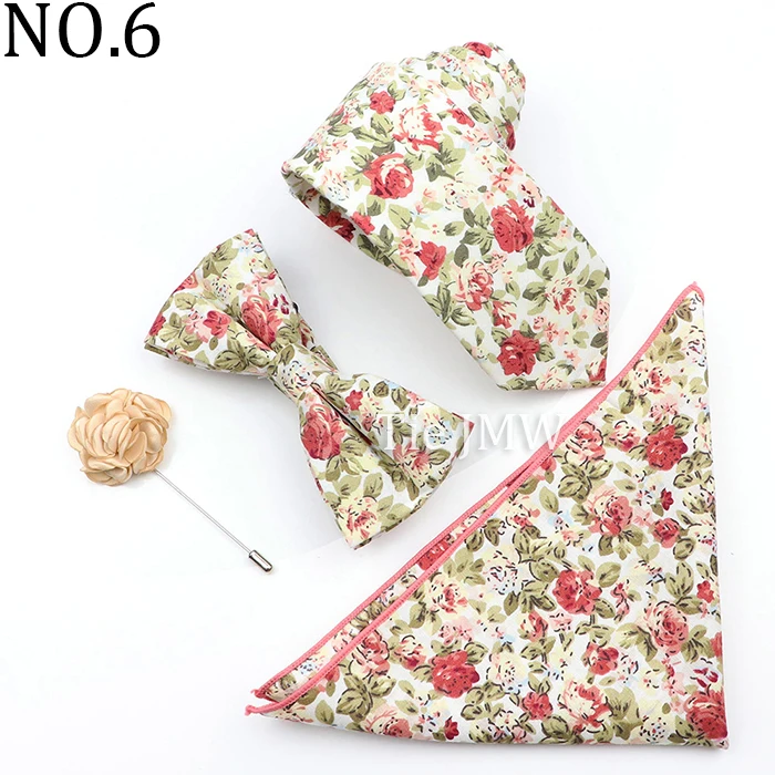 New Colorful Cotton Floral Men Tie Brooch Set Pink White Yellow Necktie Bowtie Suit Vintage For Groom Business Wedding Party