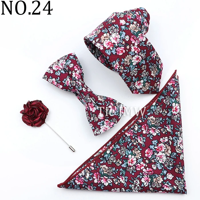 New Colorful Cotton Floral Men Tie Brooch Set Pink White Yellow Necktie Bowtie Suit Vintage For Groom Business Wedding Party