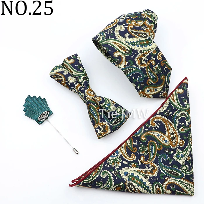 New Colorful Cotton Floral Men Tie Brooch Set Pink White Yellow Necktie Bowtie Suit Vintage For Groom Business Wedding Party