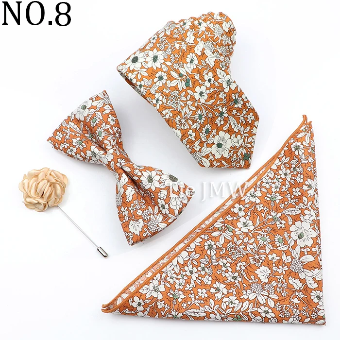 New Colorful Cotton Floral Men Tie Brooch Set Pink White Yellow Necktie Bowtie Suit Vintage For Groom Business Wedding Party