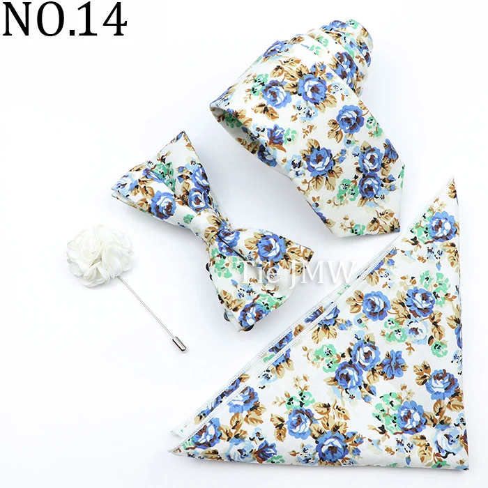 New Colorful Cotton Floral Men Tie Brooch Set Pink White Yellow Necktie Bowtie Suit Vintage For Groom Business Wedding Party