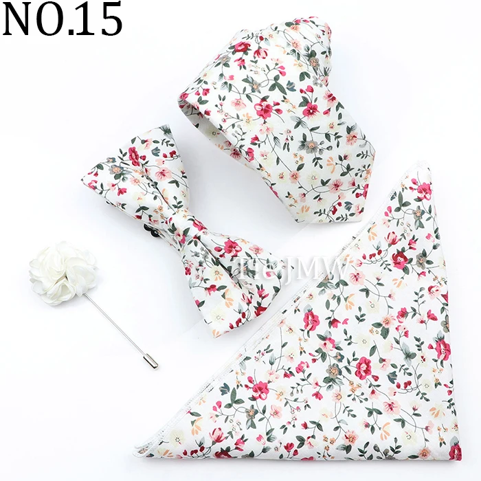 New Colorful Cotton Floral Men Tie Brooch Set Pink White Yellow Necktie Bowtie Suit Vintage For Groom Business Wedding Party