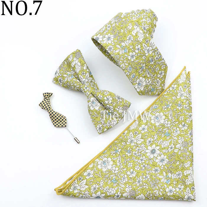 New Colorful Cotton Floral Men Tie Brooch Set Pink White Yellow Necktie Bowtie Suit Vintage For Groom Business Wedding Party