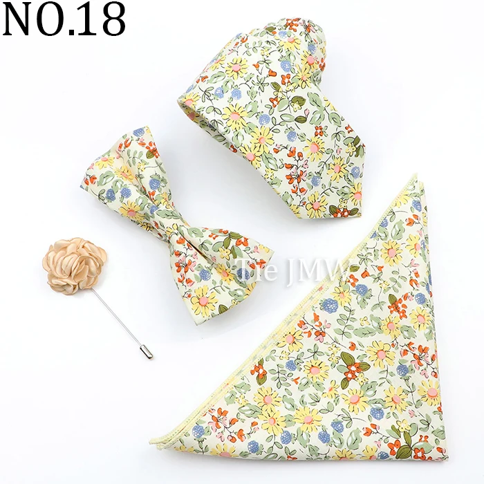 New Colorful Cotton Floral Men Tie Brooch Set Pink White Yellow Necktie Bowtie Suit Vintage For Groom Business Wedding Party