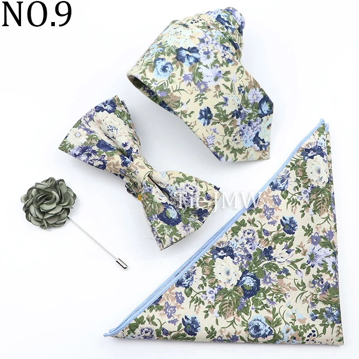 New Colorful Cotton Floral Men Tie Brooch Set Pink White Yellow Necktie Bowtie Suit Vintage For Groom Business Wedding Party