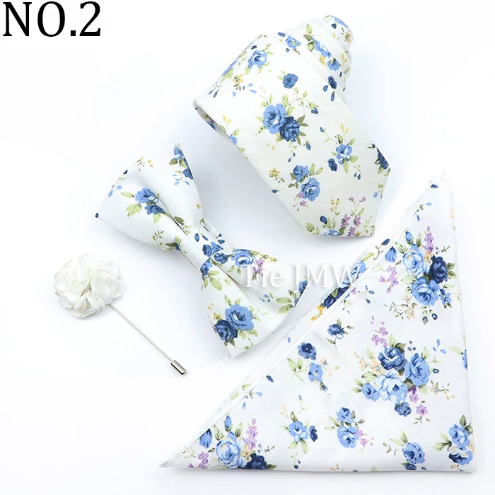 New Colorful Cotton Floral Men Tie Brooch Set Pink White Yellow Necktie Bowtie Suit Vintage For Groom Business Wedding Party