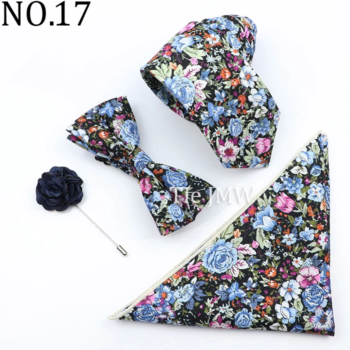 New Colorful Cotton Floral Men Tie Brooch Set Pink White Yellow Necktie Bowtie Suit Vintage For Groom Business Wedding Party