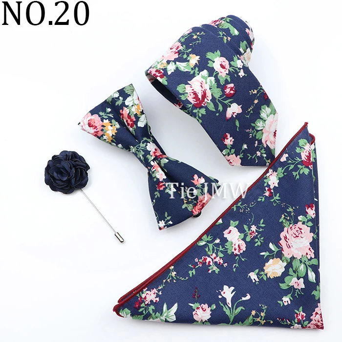 New Colorful Cotton Floral Men Tie Brooch Set Pink White Yellow Necktie Bowtie Suit Vintage For Groom Business Wedding Party