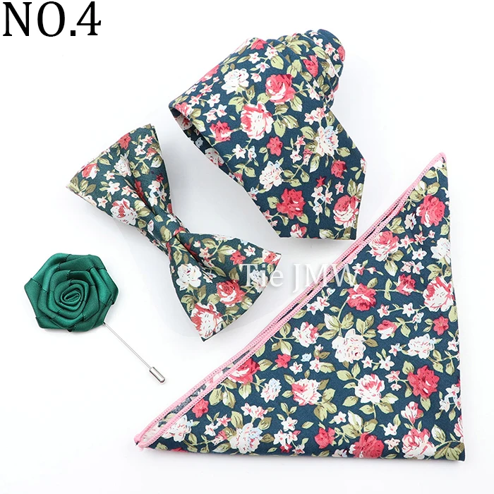 New Colorful Cotton Floral Men Tie Brooch Set Pink White Yellow Necktie Bowtie Suit Vintage For Groom Business Wedding Party