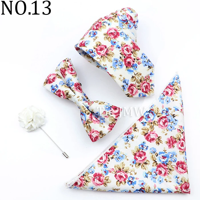 New Colorful Cotton Floral Men Tie Brooch Set Pink White Yellow Necktie Bowtie Suit Vintage For Groom Business Wedding Party