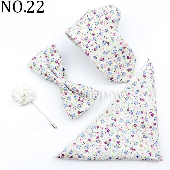 New Colorful Cotton Floral Men Tie Brooch Set Pink White Yellow Necktie Bowtie Suit Vintage For Groom Business Wedding Party