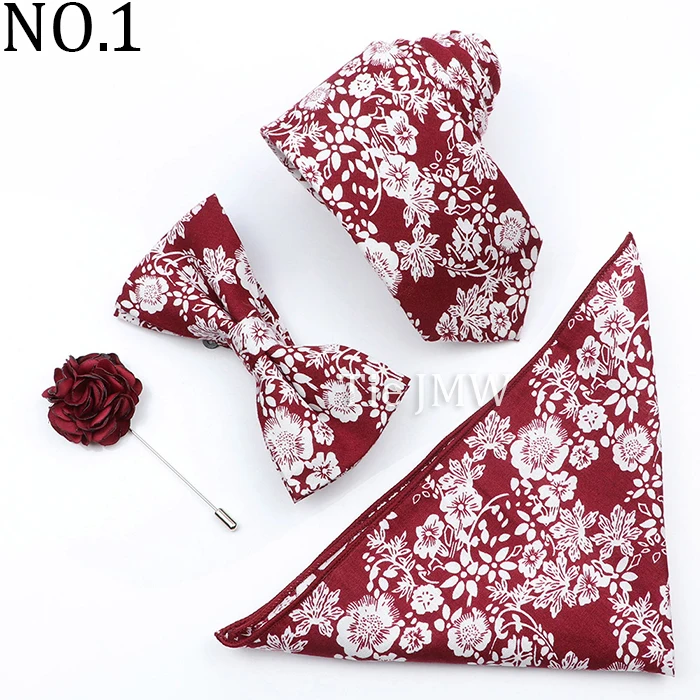 New Colorful Cotton Floral Men Tie Brooch Set Pink White Yellow Necktie Bowtie Suit Vintage For Groom Business Wedding Party
