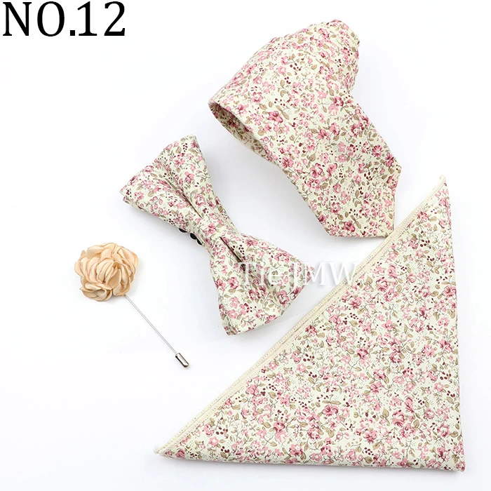 New Colorful Cotton Floral Men Tie Brooch Set Pink White Yellow Necktie Bowtie Suit Vintage For Groom Business Wedding Party