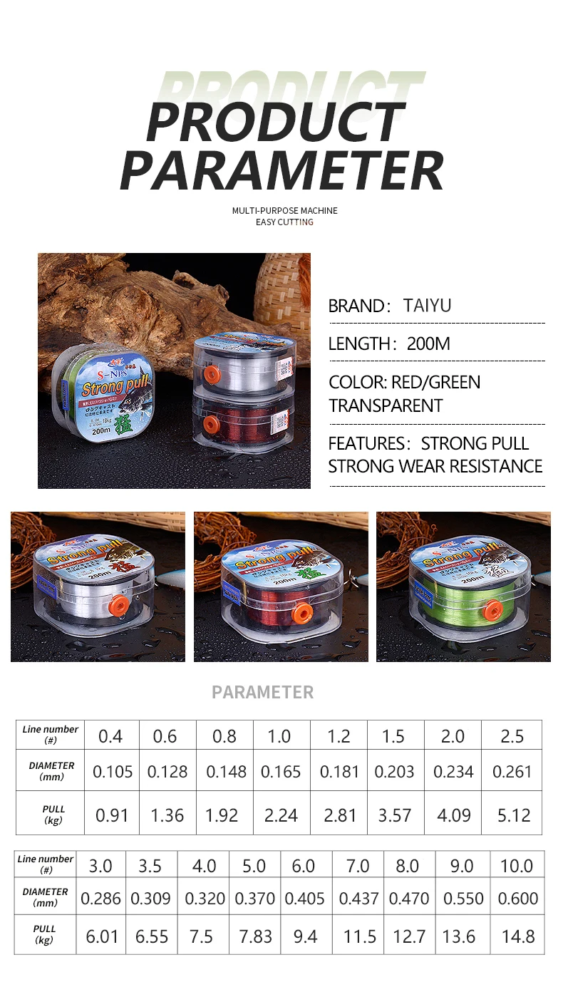 TAIYU 200M Nylon fishing line 2-33LB Japanese Durable Monofilament Sea/Freshwater main Line leader Fishing wire for Carp fishing