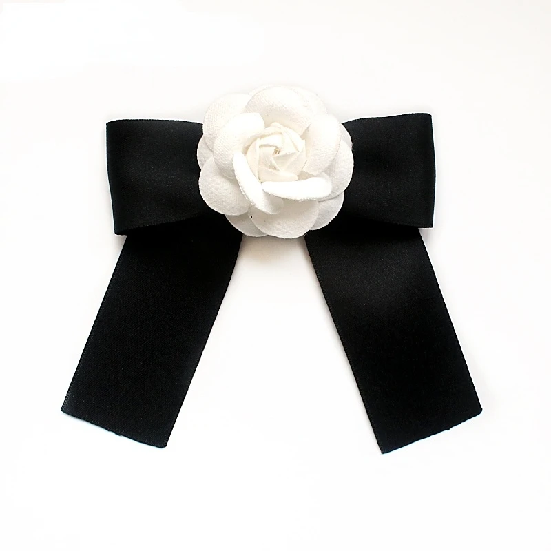 Camellia Bow Tie Brooch for Women's and Girl Suits White Shirt Collar Flower British Korean Fashion Handmade Ribbon Bowtie Pins