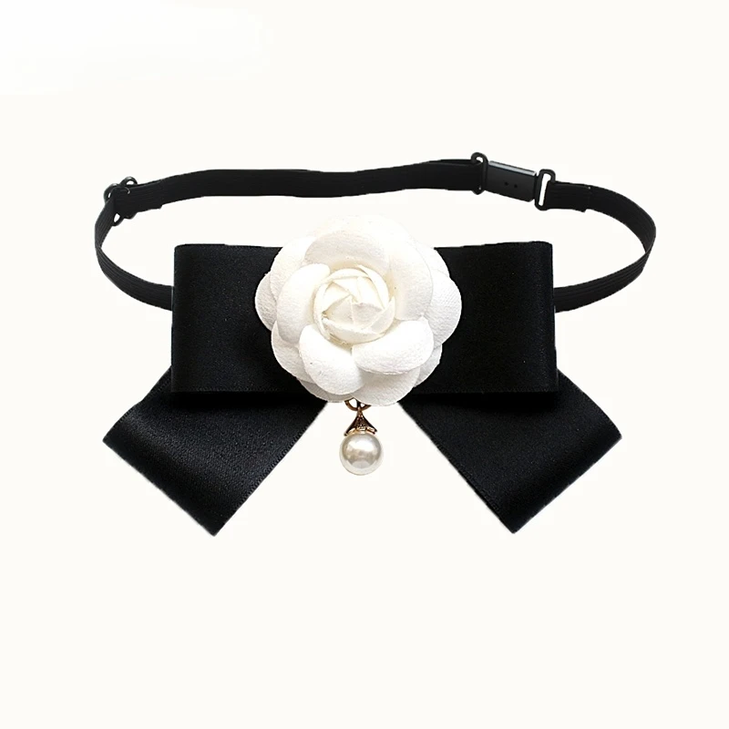 Camellia Bow Tie Brooch for Women's and Girl Suits White Shirt Collar Flower British Korean Fashion Handmade Ribbon Bowtie Pins
