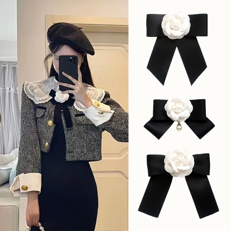 Camellia Bow Tie Brooch for Women's and Girl Suits White Shirt Collar Flower British Korean Fashion Handmade Ribbon Bowtie Pins