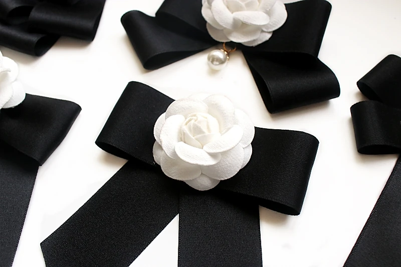 Camellia Bow Tie Brooch for Women's and Girl Suits White Shirt Collar Flower British Korean Fashion Handmade Ribbon Bowtie Pins