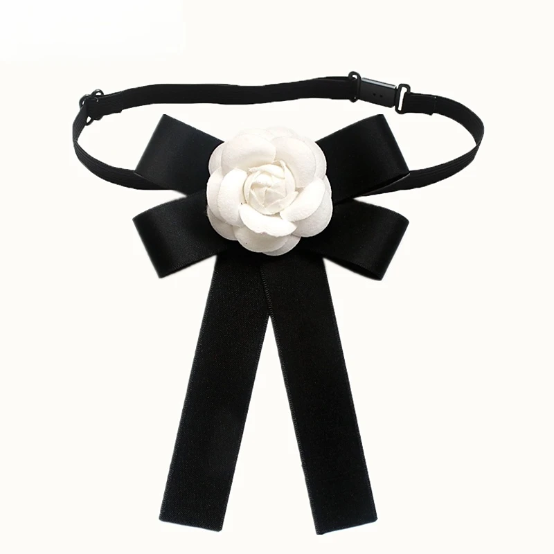 Camellia Bow Tie Brooch for Women's and Girl Suits White Shirt Collar Flower British Korean Fashion Handmade Ribbon Bowtie Pins
