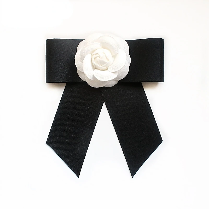 Camellia Bow Tie Brooch for Women's and Girl Suits White Shirt Collar Flower British Korean Fashion Handmade Ribbon Bowtie Pins