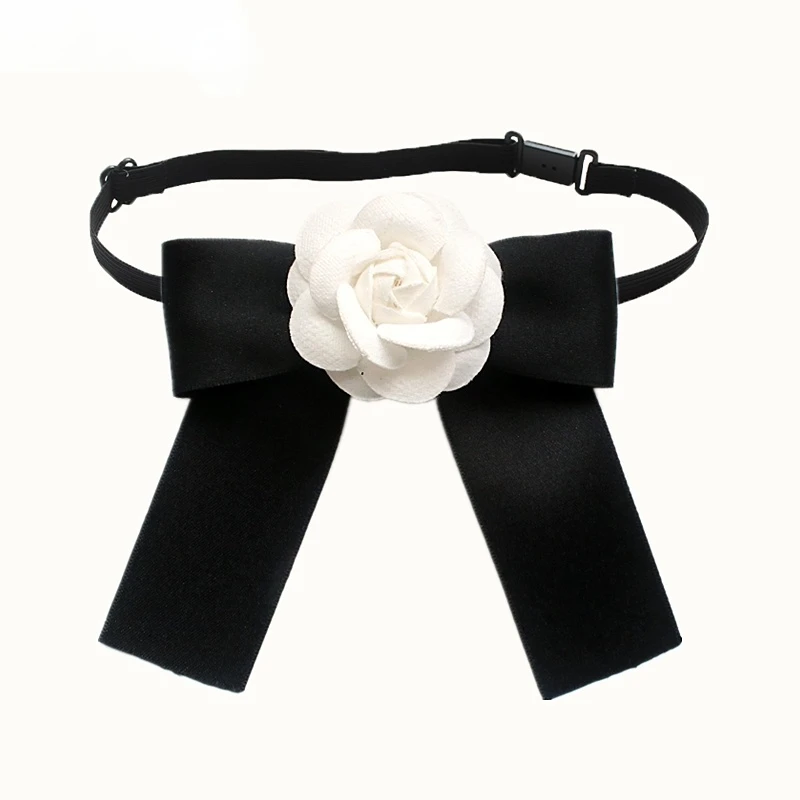 Camellia Bow Tie Brooch for Women's and Girl Suits White Shirt Collar Flower British Korean Fashion Handmade Ribbon Bowtie Pins