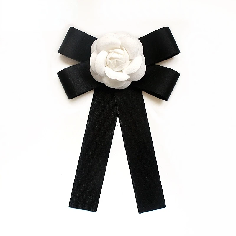 Camellia Bow Tie Brooch for Women's and Girl Suits White Shirt Collar Flower British Korean Fashion Handmade Ribbon Bowtie Pins