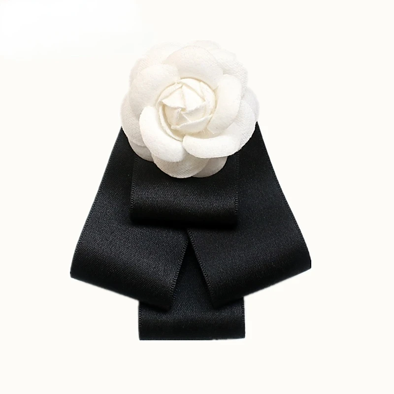 Camellia Bow Tie Brooch for Women's and Girl Suits White Shirt Collar Flower British Korean Fashion Handmade Ribbon Bowtie Pins