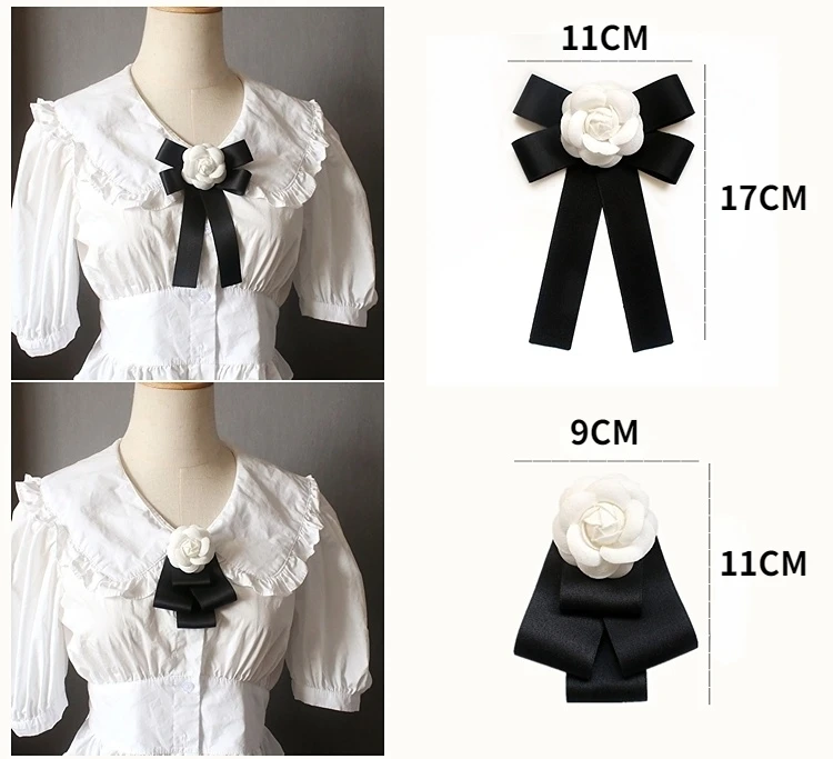 Camellia Bow Tie Brooch for Women's and Girl Suits White Shirt Collar Flower British Korean Fashion Handmade Ribbon Bowtie Pins